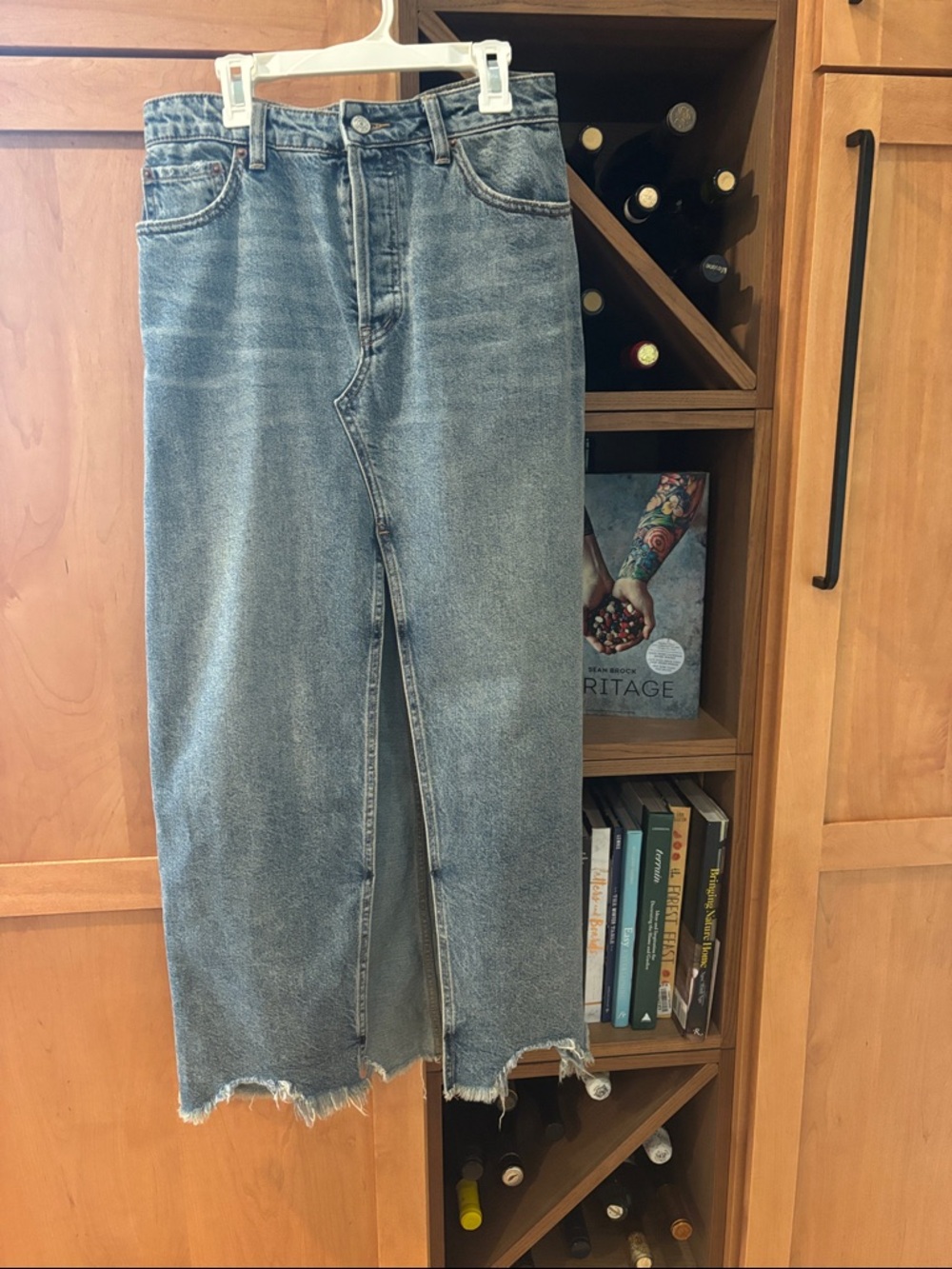 Washed Blue Denim Maxi Skirt with Front Slit